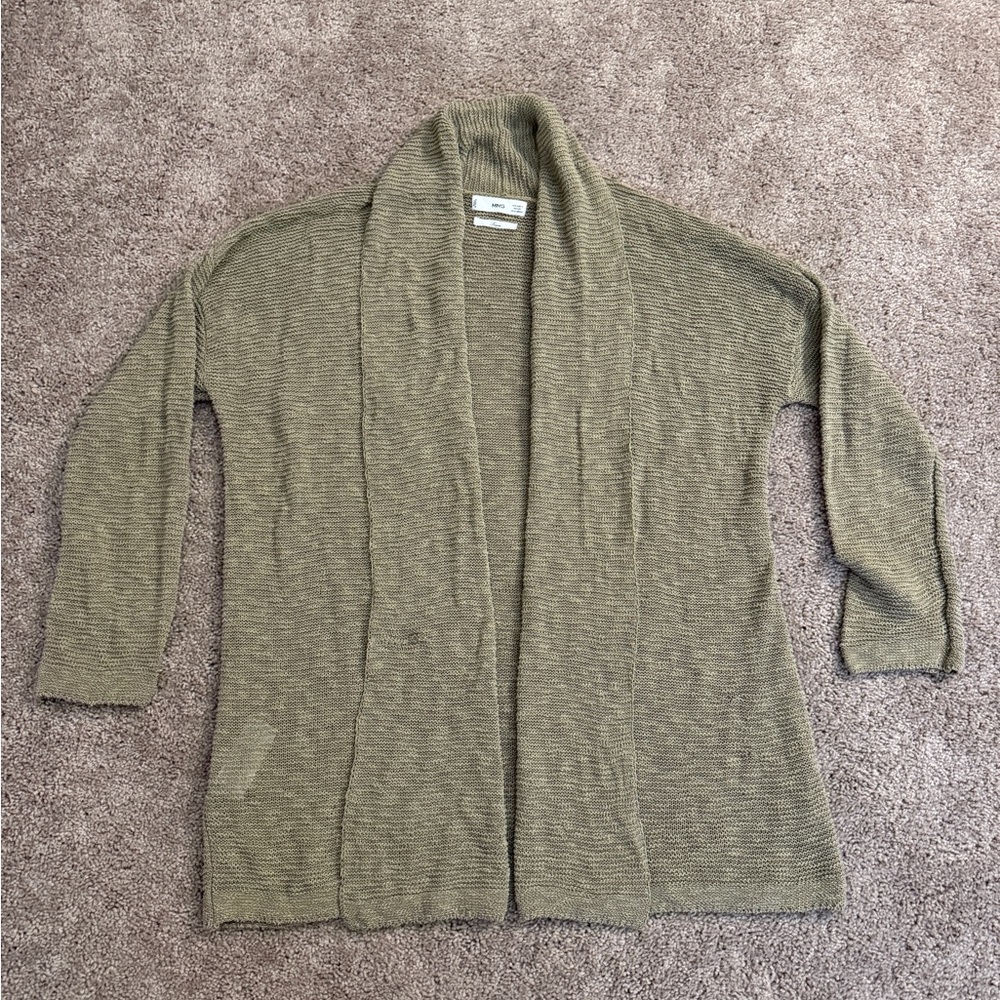 MNG Mango Cardigan Women size Small Olive Linen Long Sleeve Shawl Collar Top
